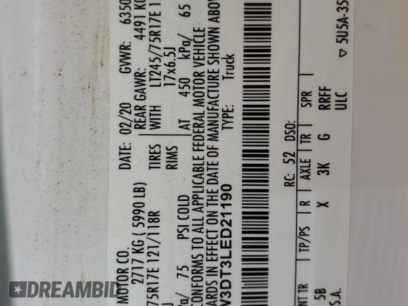 2020 Ford F-350 XL with VIN 1FT8W3DT3LED21190, listed as a Copart auction lot 47841435 with 97,936 mi miles and Salvage title. Bid and sale history available at DreamBid. Image 12.