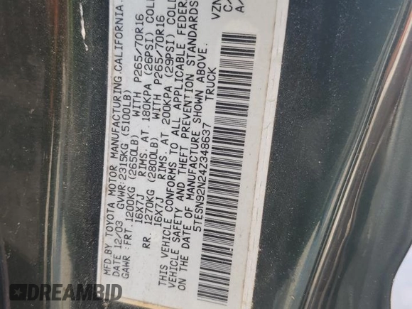 2003 Toyota Tacoma PreRunner with VIN 5TESN92N24Z348637, listed as a Copart auction lot 63310005 with 221,606 mi miles and Clean title. Bid and sale history available at DreamBid. Image 12.