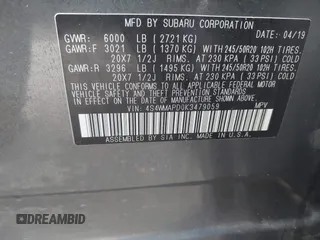 2019 Subaru Ascent Limited with VIN 4S4WMAPD0K3479059, listed as a IAAI auction lot 42472731 with 93,609 mi miles and . Bid and sale history available at DreamBid. Image 9.