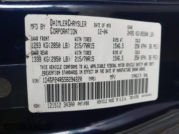 2005 Dodge Caravan SE with VIN 1D4GP24R55B294220, listed as a IAAI auction lot 42381175 with 260,980 mi miles and . Bid and sale history available at DreamBid. Image 9.