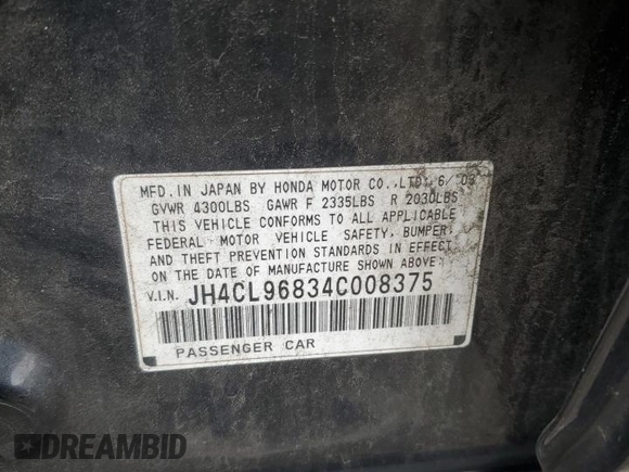 2004 Acura TSX with VIN JH4CL96834C008375, listed as a Copart auction lot 64144965 with 158,417 mi miles and Salvage title. Bid and sale history available at DreamBid. Image 12.