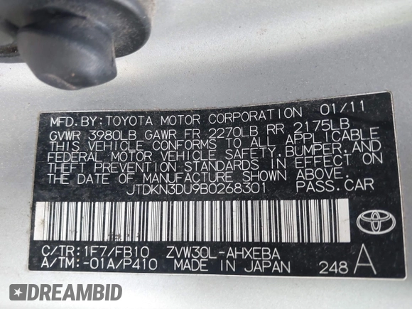 2011 Toyota Prius I with VIN JTDKN3DU9B0268301, listed as a IAAI auction lot 41983104 with 172,883 mi miles. Bid and sale history available at carsss.com. Image 9.