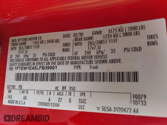 2020 Ford F-150 XL with VIN 1FTEW1E45LFB39001, listed as a IAAI auction lot 41945290 with 25,108 mi miles and . Bid and sale history available at DreamBid. Image 9.