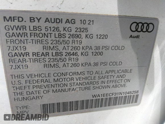 2022 Audi Q3 S line Premium Plus with VIN WA1EECF31N1045258, listed as a IAAI auction lot 42299558 with 19,332 mi miles and . Bid and sale history available at DreamBid. Image 9.