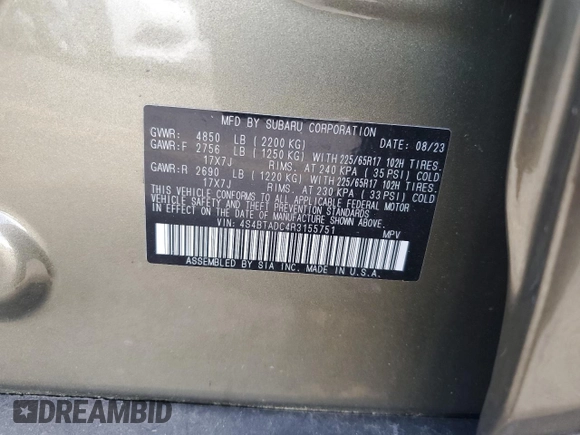 2024 Subaru Outback Premium with VIN 4S4BTADC4R3155751, listed as a Copart auction lot 64256115 with 23,397 mi miles and Salvage title. Bid and sale history available at DreamBid. Image 13.