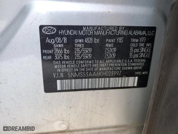 2019 Hyundai Santa Fe Limited with VIN 5NMS53AA6KH023997, listed as a Copart auction lot 49528495 with 0 mi miles and Non Repairable. Bid and sale history available at carsss.com. Image 15.