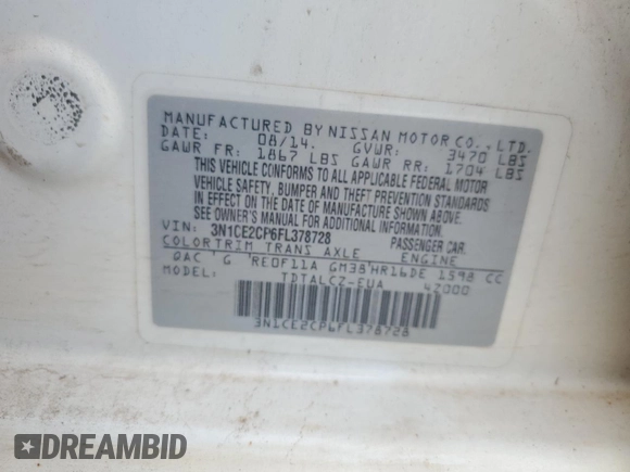 2015 Nissan Note SR with VIN 3N1CE2CP6FL378728, listed as a Copart auction lot 62383885 with 159,394 mi miles and Clean title. Bid and sale history available at DreamBid. Image 12.