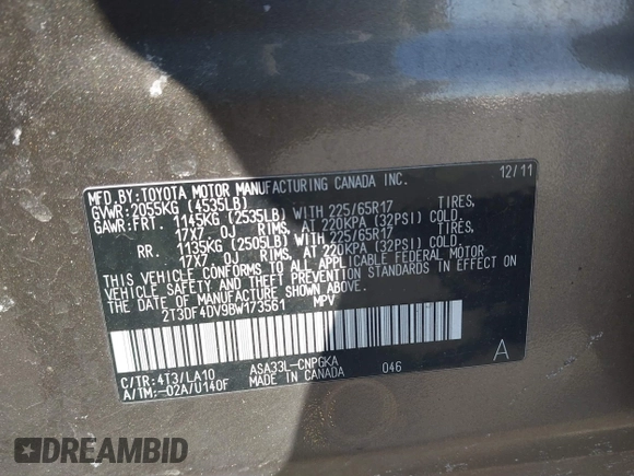 2011 Toyota RAV4 Limited с VIN 2T3DF4DV9BW173561, выставлен на аукционе IAAI как лот 41450407 с пробегом 126 053 миль миль и . История ставок и продаж доступна на DreamBid. Изображение 9.