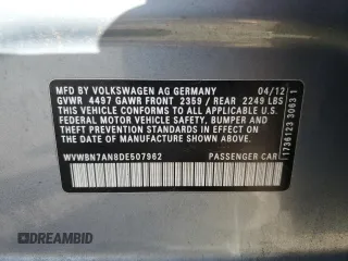 2013 Volkswagen CC Sport z VIN WVWBN7AN8DE507962, wystawiony jako Copart lot #85047474 z przebiegiem 226 916 mil mil oraz Szkoda całkowita • Salvage title. Historia ofert i sprzedaży dostępna na DreamBid. Obrazek 12.