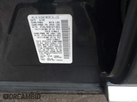 2006 Nissan Murano SL with VIN JN8AZ08T56W421473, listed as a IAAI auction lot 41127096 with Not Provided miles and . Bid and sale history available at DreamBid. Image 9.