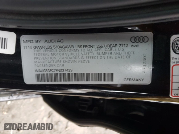 2015 Audi A6 2.0T Premium Plus with VIN WAUGFAFC7FN037429, listed as a Copart auction lot 66595442 with 65,292 mi miles. Bid and sale history available at carsss.com. Image 10.