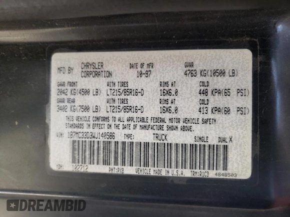 1998 Dodge Ram 3500 with VIN 1B7MC33D3WJ140586, listed as a Copart auction lot 82526774 with 0 mi miles and Salvage Title. Bid and sale history available at carsss.com. Image 10.