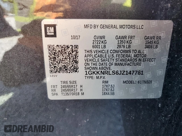 2018 GMC Acadia SLE with VIN 1GKKNRLS6JZ147761, listed as a Copart auction lot 54181325 with 101,345 mi miles and Salvage title. Bid and sale history available at DreamBid. Image 13.