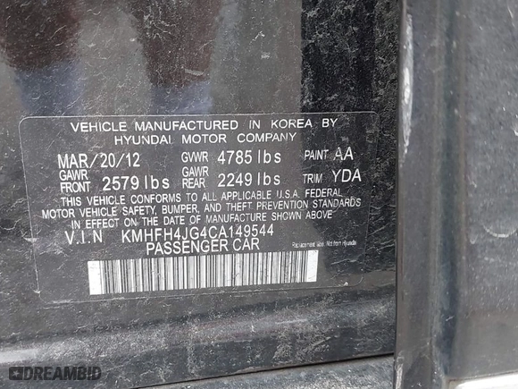 2012 Hyundai Azera with VIN KMHFH4JG4CA149544, listed as a IAAI auction lot 41499854 with 157,302 mi miles. Bid and sale history available at carsss.com. Image 9.