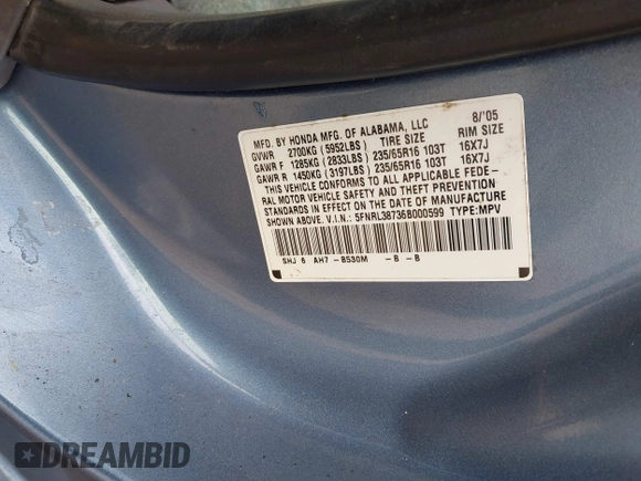 2006 Honda Odyssey EX-L with VIN 5FNRL38736B000599, listed as a IAAI auction lot 41862050 with 225,164 mi miles. Bid and sale history available at carsss.com. Image 9.