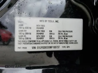 2021 Tesla Model Y Long Range with VIN 5YJYGDEEXMF188737, listed as a Copart auction lot 49117605 with 49,201 mi miles and Salvage Title. Bid and sale history available at DreamBid. Image 14.