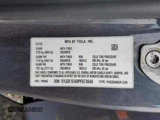2023 Tesla Model 3 с VIN 5YJ3E1EA0PF673646, выставлен на аукционе Copart как лот 60698645 с пробегом 32 325 миль миль и Списание • Salvage title. История ставок и продаж доступна на DreamBid. Изображение 13.