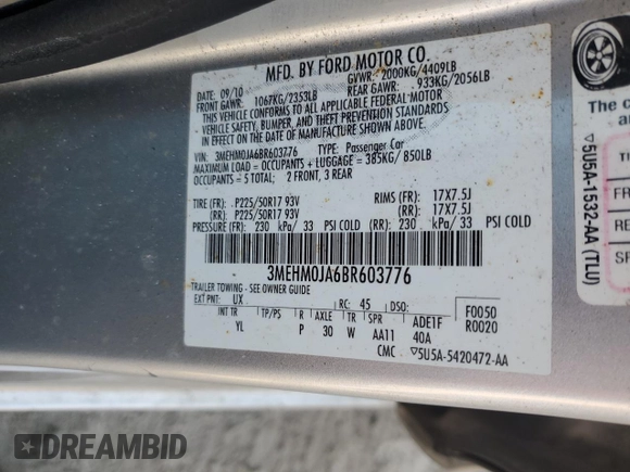 2011 Mercury Milan Premier with VIN 3MEHM0JA6BR603776, listed as a Copart auction lot 48923895 with 247,088 mi miles and Clean title. Bid and sale history available at DreamBid. Image 12.