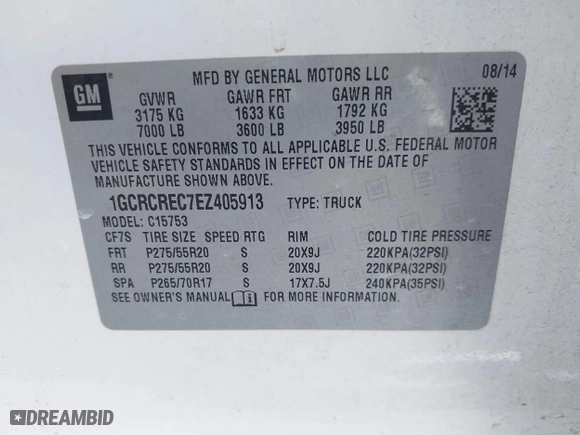 2014 Chevrolet Silverado 1500 LT with VIN 1GCRCREC7EZ405913, listed as a IAAI auction lot 40425594 with 48,024 mi miles. Bid and sale history available at carsss.com. Image 9.