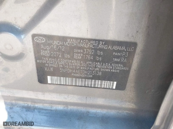 2013 Hyundai Elantra GLS PZEV with VIN 5NPDH4AE1DH213138, listed as a IAAI auction lot 41754216 with 213,771 mi miles. Bid and sale history available at carsss.com. Image 9.