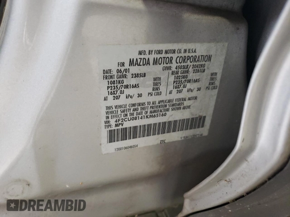 2001 Mazda Tribute LX with VIN 4F2CU08141KM65160, listed as a Copart auction lot 60895624 with 255,194 mi miles and Salvage Title. Bid and sale history available at DreamBid. Image 14.
