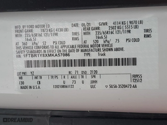 2021 Ford Transit Cargo Van with VIN 1FTBR1Y8XMKA57086, listed as a Copart auction lot 41870105 with 0 mi miles and Salvage Title. Bid and sale history available at carsss.com. Image 12.