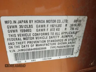 2009 Honda Fit Sport with VIN JHMGE88449S003666, listed as a IAAI auction lot 42088515 with 1 mi miles. Bid and sale history available at carsss.com. Image 9.