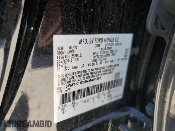 2022 Ford Mustang Mach-E Select with VIN 3FMTK1SS9NMA08285, listed as a Copart auction lot 55791655 with Not provided miles and Salvage title. Bid and sale history available at DreamBid. Image 12.