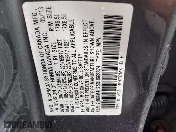 2013 Honda CR-V EX-L z VIN 2HKRM4H75DH668874, wystawiony jako Copart lot #55956255 z przebiegiem 136 539 mil mil oraz Szkoda całkowita • Salvage title. Historia ofert i sprzedaży dostępna na DreamBid. Obrazek 13.