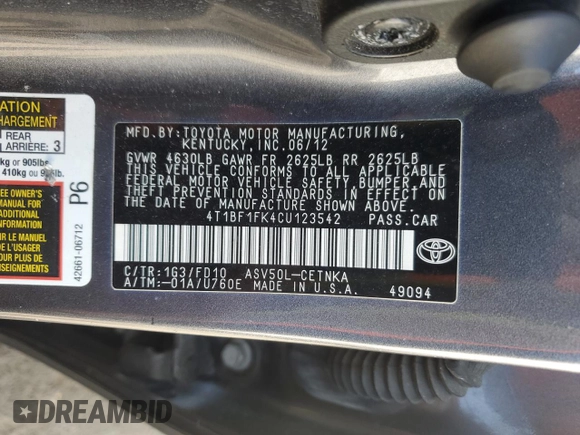 2012 Toyota Camry L with VIN 4T1BF1FK4CU123542, listed as a Copart auction lot 54328805 with 218,807 mi miles and Salvage Title. Bid and sale history available at carsss.com. Image 12.