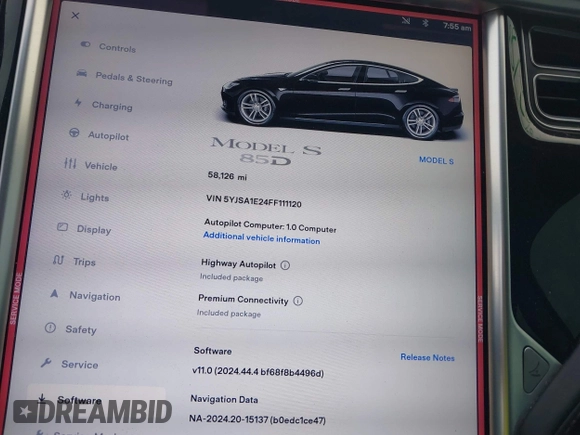 2015 Tesla Model S 85D with VIN 5YJSA1E24FF111120, listed as a IAAI auction lot 41471698 with 58,126 mi miles. Bid and sale history available at carsss.com. Image 7.