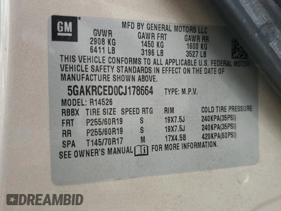 2012 Buick Enclave Leather with VIN 5GAKRCED0CJ178664, listed as a Copart auction lot 54265035 with 238,648 mi miles and Salvage Title. Bid and sale history available at DreamBid. Image 13.