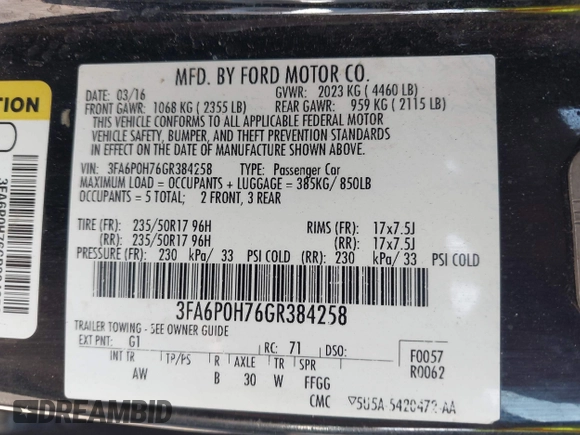 2016 Ford Fusion SE с VIN 3FA6P0H76GR384258, выставлен на аукционе IAAI как лот 42632888 с пробегом 126 586 миль миль и . История ставок и продаж доступна на DreamBid. Изображение 9.