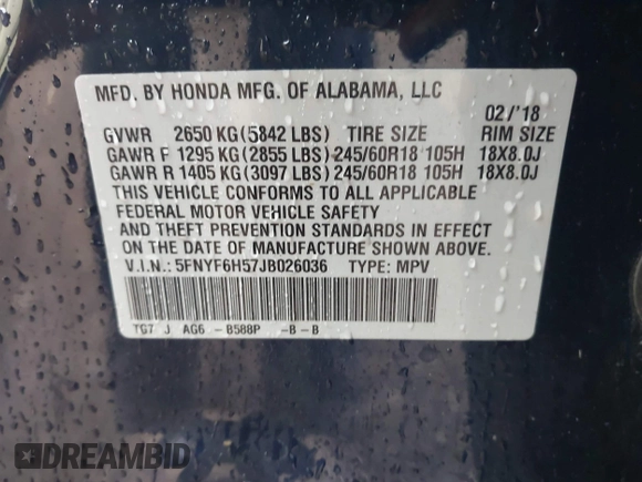 2018 Honda Pilot EX-L with VIN 5FNYF6H57JB026036, listed as a IAAI auction lot 42000454 with 110,996 mi miles and . Bid and sale history available at DreamBid. Image 9.
