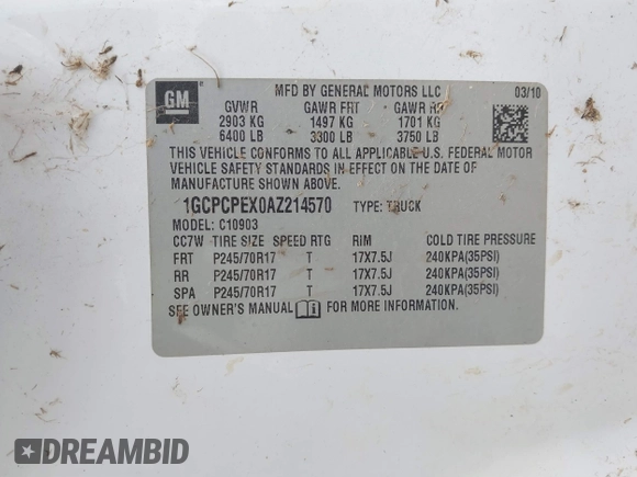 2010 Chevrolet Silverado 1500 Work Truck with VIN 1GCPCPEX0AZ214570, listed as a IAAI auction lot 41697621 with 33,045 mi miles and . Bid and sale history available at DreamBid. Image 9.
