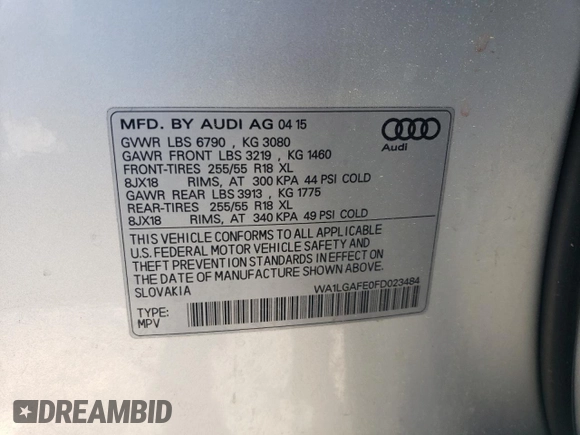 2015 Audi Q7 Premium Plus with VIN WA1LGAFE0FD023484, listed as a Copart auction lot 53295655 with 178,275 mi miles and Salvage Title. Bid and sale history available at DreamBid. Image 13.