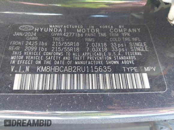 2024 Hyundai Kona SEL with VIN KM8HBCAB2RU115635, listed as a IAAI auction lot 42061412 with 16,011 mi miles. Bid and sale history available at carsss.com. Image 9.