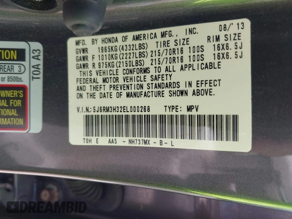2014 Honda CR-V LX with VIN 5J6RM3H32EL000268, listed as a IAAI auction lot 42128695 with 134,335 mi miles. Bid and sale history available at carsss.com. Image 9.
