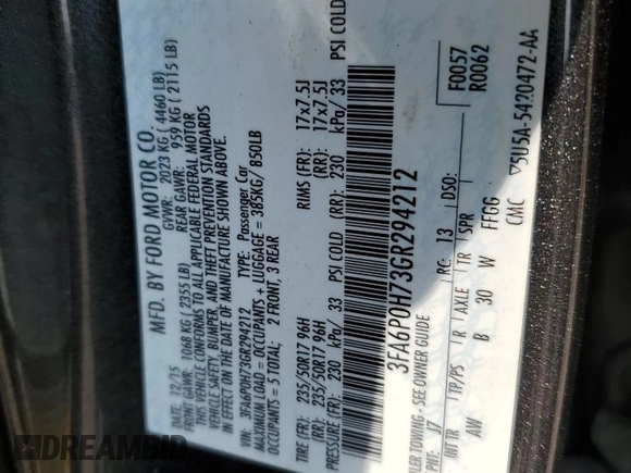 2016 Ford Fusion SE with VIN 3FA6P0H73GR294212, listed as a Copart auction lot 59927375 with 144,969 mi miles and Salvage title. Bid and sale history available at DreamBid. Image 12.