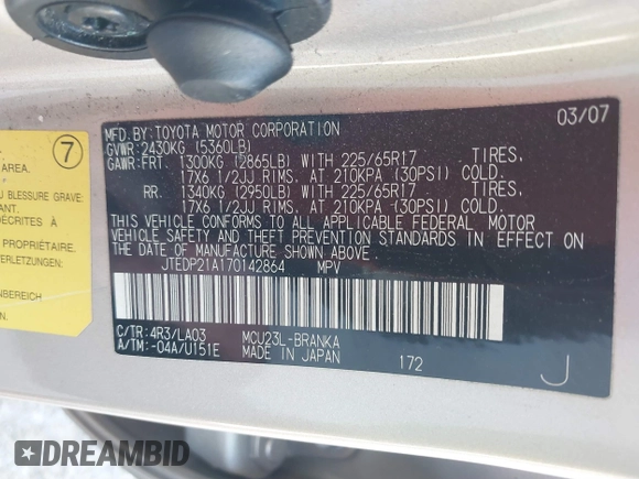 2007 Toyota Highlander w/3rd Row z VIN JTEDP21A170142864, wystawiony jako IAAI lot #41456140 z przebiegiem 210 347 mil mil oraz . Historia ofert i sprzedaży dostępna na DreamBid. Obrazek 9.