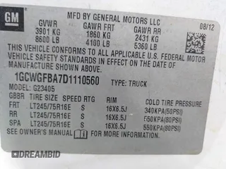 2013 Chevrolet Express Cargo with VIN 1GCWGFBA7D1110560, listed as a IAAI auction lot 41730234 with 185,291 mi miles and . Bid and sale history available at DreamBid. Image 9.