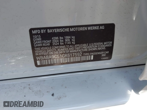2016 BMW 3 Series 320i z VIN WBA8A9C51GK617592, wystawiony jako IAAI lot #41550528 z przebiegiem Nie podano mil oraz . Historia ofert i sprzedaży dostępna na DreamBid. Obrazek 9.