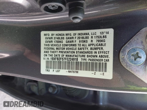 2015 Honda Civic LX with VIN 19XFB2F57FE224918, listed as a IAAI auction lot 41426596 with 64,083 mi miles and . Bid and sale history available at DreamBid. Image 9.