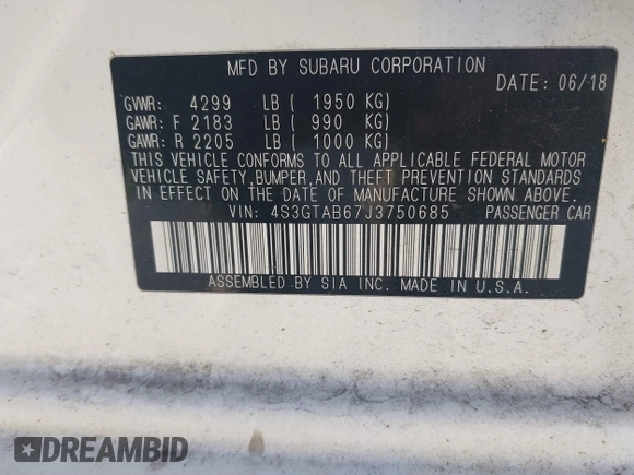 2018 Subaru Impreza Premium с VIN 4S3GTAB67J3750685, выставлен на аукционе IAAI как лот 41109779 с пробегом 61 600 миль миль и . История ставок и продаж доступна на DreamBid. Изображение 9.