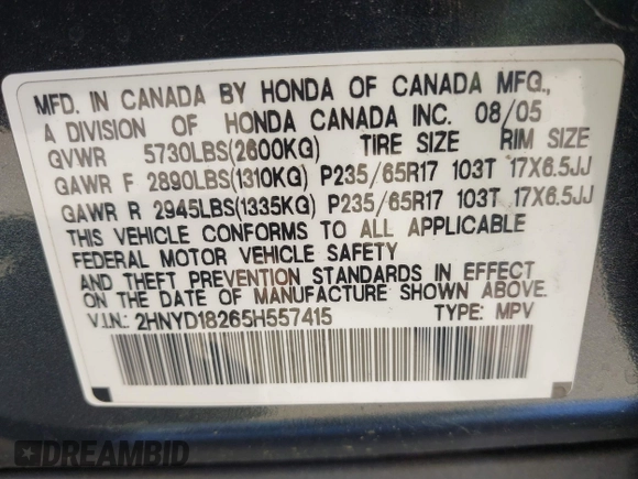 2005 Acura MDX with VIN 2HNYD18265H557415, listed as a IAAI auction lot 40155100 with 175,767 mi miles. Bid and sale history available at carsss.com. Image 9.