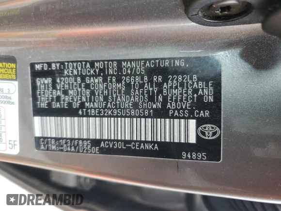 2005 Toyota Camry STD z VIN 4T1BE32K95U580581, wystawiony jako Copart lot #58212165 z przebiegiem 124 350 mil mil oraz Czysty tytuł • Clean title. Historia ofert i sprzedaży dostępna na DreamBid. Obrazek 12.