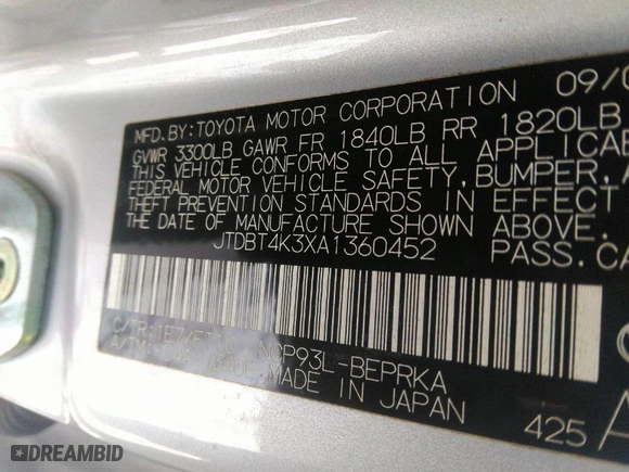 2010 Toyota Yaris with VIN JTDBT4K3XA1360452, listed as a IAAI auction lot 41557092 with 107,989 mi miles. Bid and sale history available at carsss.com. Image 9.