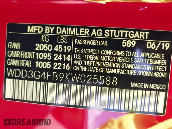 2019 Mercedes-Benz A 220 with VIN WDD3G4FB9KW025588, listed as a IAAI auction lot 40150728 with 48,540 mi miles and . Bid and sale history available at DreamBid. Image 9.