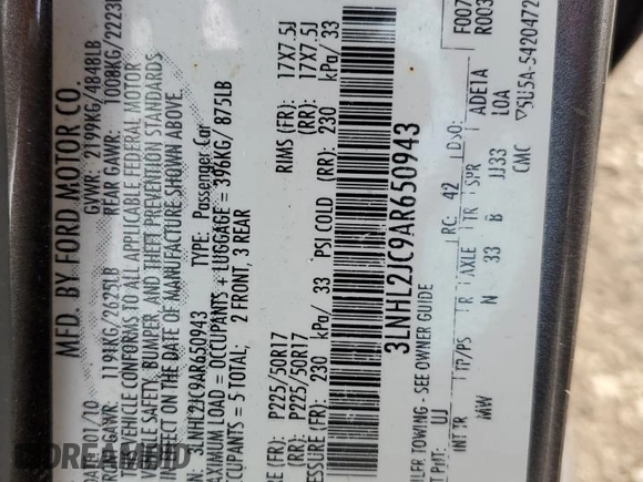 2010 Lincoln MKZ with VIN 3LNHL2JC9AR650943, listed as a Copart auction lot 87597055 with 257,655 mi miles and Salvage Title. Bid and sale history available at carsss.com. Image 12.