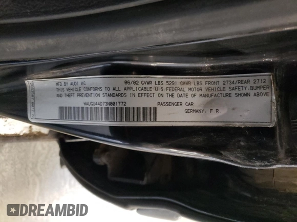 2003 Audi S8 with VIN WAUGU44D73N001772, listed as a Copart auction lot 53247835 with Not Provided miles and Salvage Title. Bid and sale history available at DreamBid. Image 12.